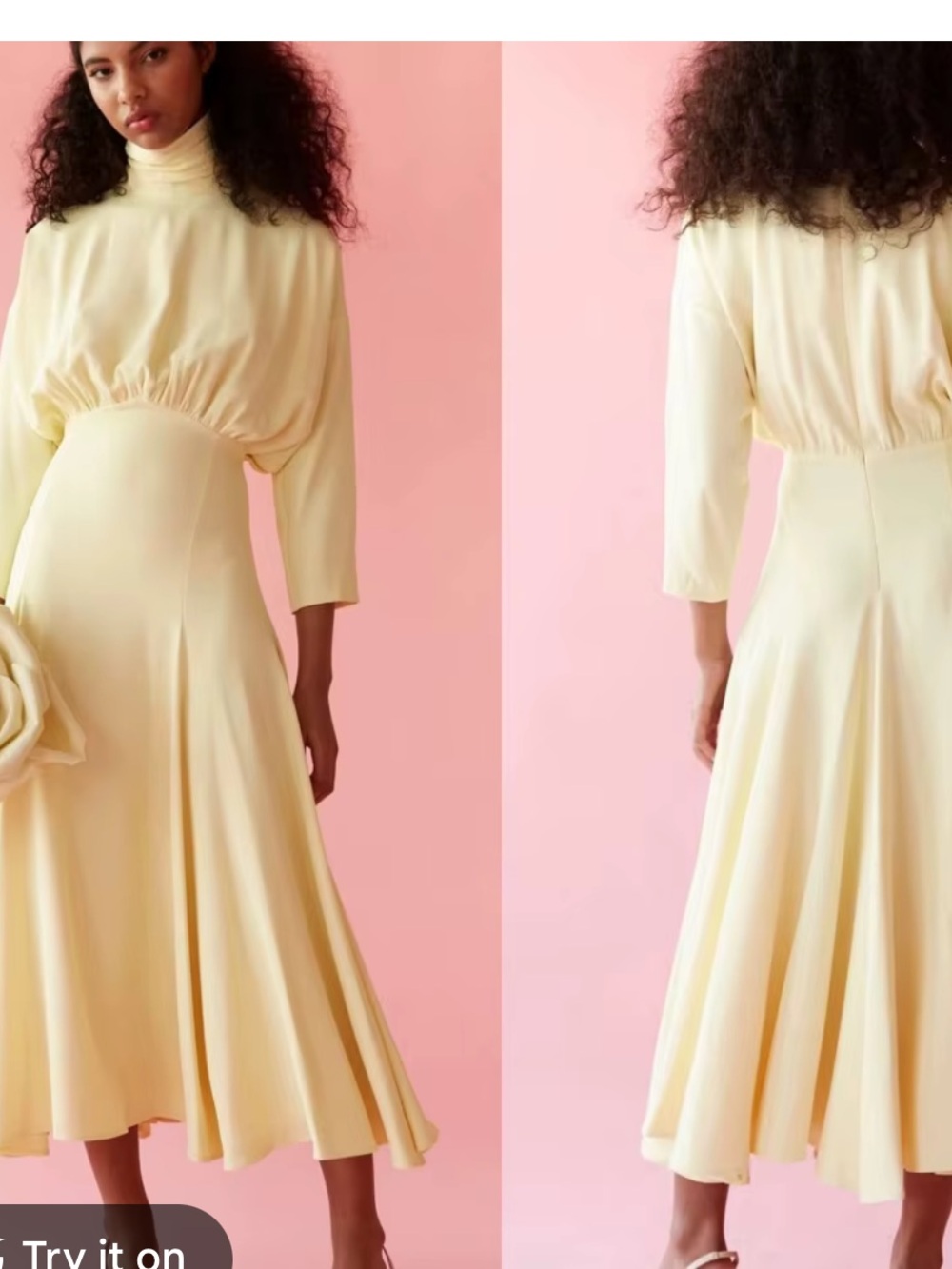 COOSY vintage butter-yellow midi dress high draped collar dress size small